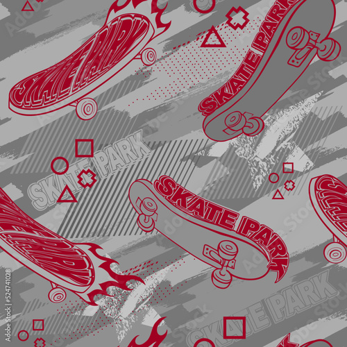 Seamless pattern with skateboards. Endless print skate boards illustration in grey and red colors. Sport repeat print