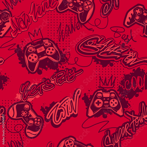 Abstract seamless pattern with gamepads and slogans on Red Grunge background with digital geometric elements end dots. Grunge gaming repeat print for sport textile, fashion clothes, wrapping paper.