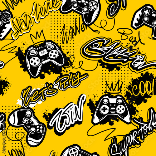 Abstract seamless gamepads pattern. Game pads repeat print on graffiti yellow endless background. Street art style Text Game on, let's Play. Gaming repeated wallpaper for boy clothes, sport textile