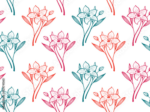 Daffodil or lily flowers vector seamless pattern textile print summer design.