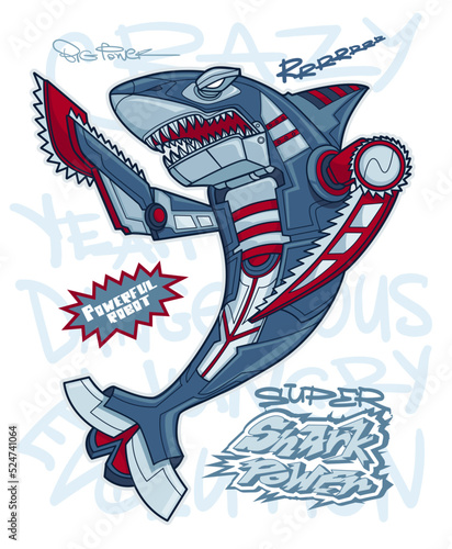 Robot shark illustration with blade metallic fins. Robotically fish print and graffiti text. Cyber punk predator.