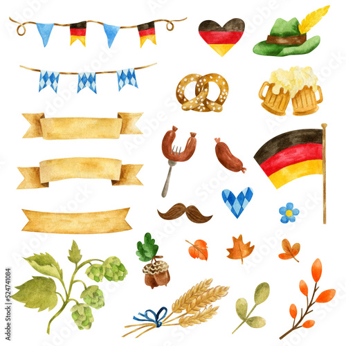 Watercolor set of October Festival elements - beer, pretzel, hops, wheat, flag of Germany, autumn leaves, hat, sausages. Germany elements. © Natasha