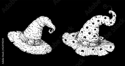 Witch cap hand drawn sketch. Vector illustration. Two witch hats. Happy halloween. Design element.