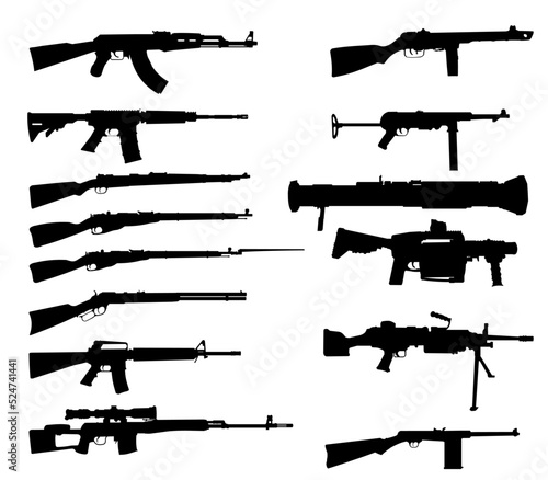 illustration set of weapons, rifles, machine guns and grenade launchers. AK 47, M16, rgp 40, SCHMEISSER MP40, Mosin