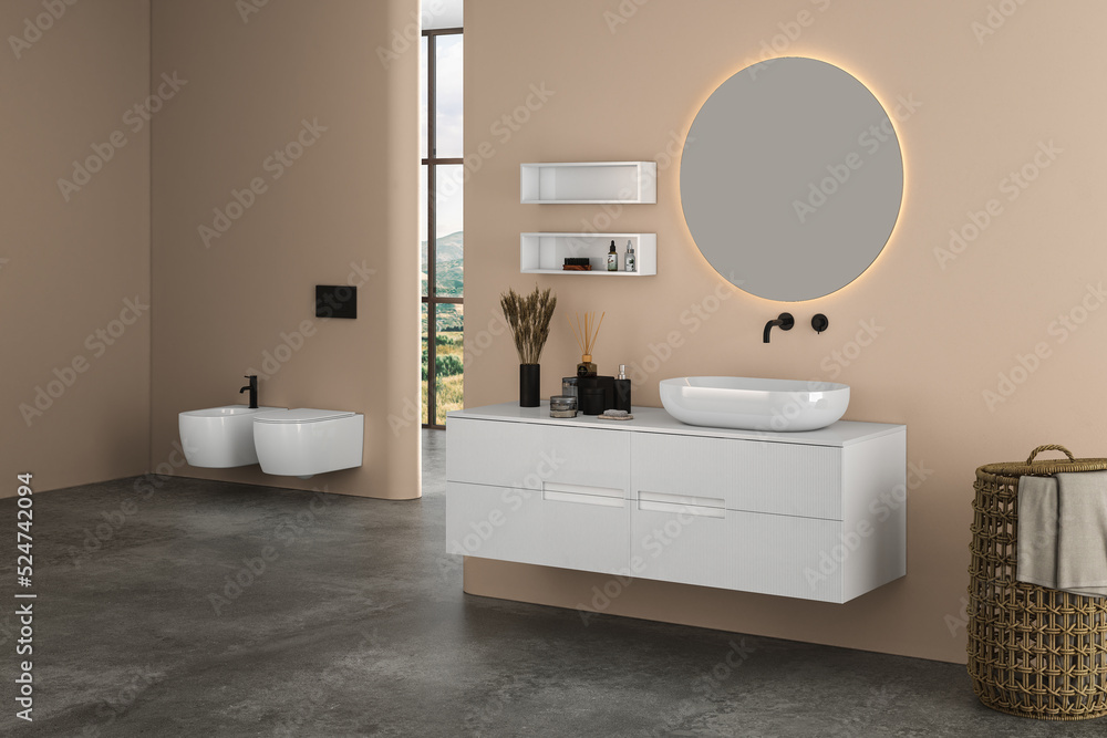 Modern bathroom interior with beige walls, ceramic basin with oval ...