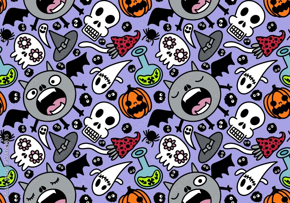 Cartoon Halloween seamless monster bats and sculls and pumpkins and ghost pattern for wrapping pattern Cartoon Halloween seamless monster bats and sculls and pumpkins and ghost pattern for wrapping pattern