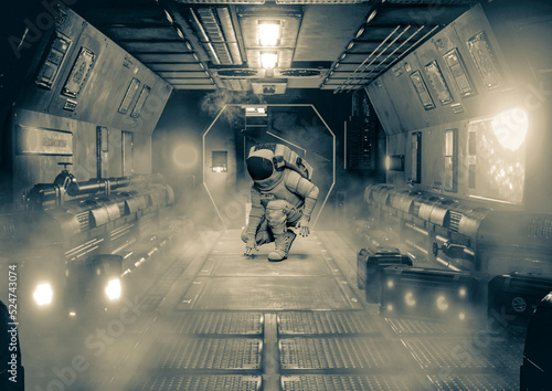astronaut is crouching in sci-fi spaceship background