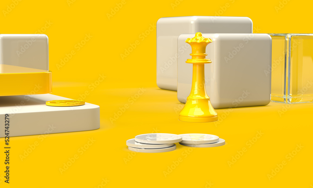 Yellow chess piece king with white tiles and coins 3d rendering on the theme of business, office, money. Modern minimal style, yellow background. Yellow chess piece king with white tiles and coins 3d rendering on the theme of business, office, money. Modern minimal style, yellow background.