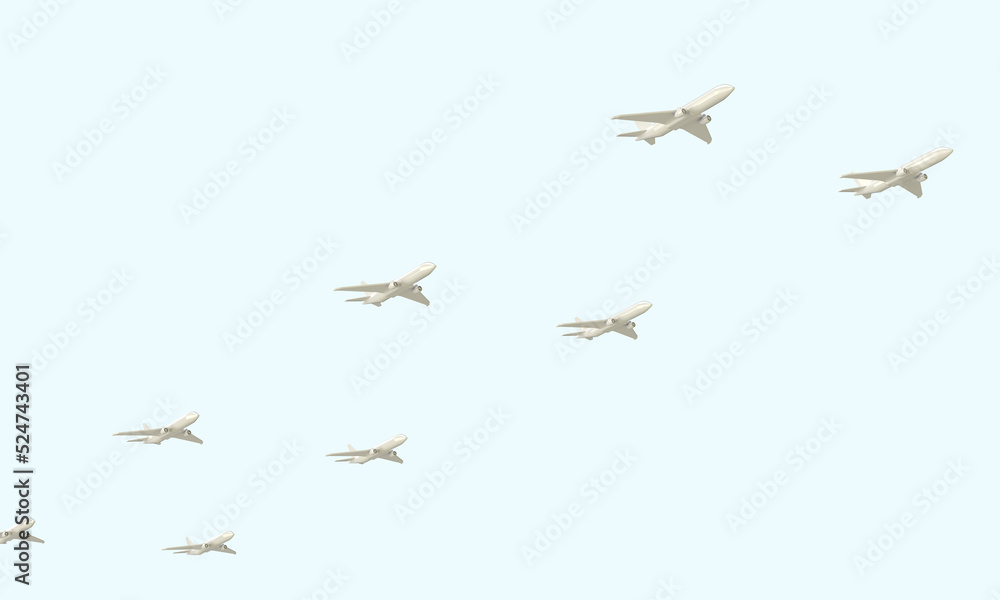 White planes in the sky. Jet flying in the air, turns, formation. 3d rendering on the topic of aviation, flights, travel. Modern minimal style.