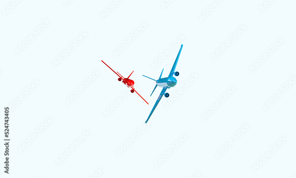The red and blue aircraft are piloting, flying in the air. 3d rendering on the topic of aviation, flights, travel. Modern minimal style. The red and blue aircraft are piloting, flying in the air. 3d rendering on the topic of aviation, flights, travel. Modern minimal style.