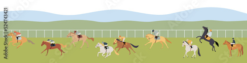 Panorama of the racetrack, jockeys on horses galloping on the green grass