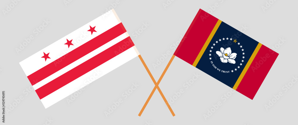 Crossed flags of the District of Columbia and The State of Mississippi. Official colors. Correct proportion Crossed flags of the District of Columbia and The State of Mississippi. Official colors. Correct proportion