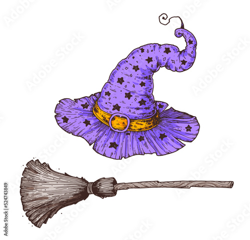 Happy Halloween. Witch hat and magic broom. Hand drawn vector illustration. Design element. Vintage design for the holiday Halloween.