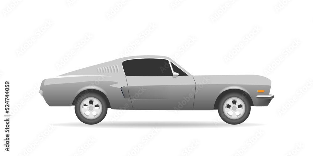 Realistic side view car. Grey model with wheels. 2d asset for game about hill racing. Flat vector car sprite illustration.