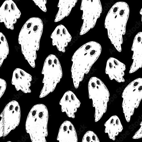 Ghost sketch seamless pattern. Happy halloween background. Hand drawn. Design template.