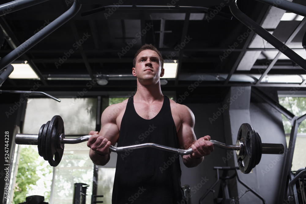 Ripped bodybuilder doing biceps curls with ez curl barbell Ripped bodybuilder doing biceps curls with ez curl barbell