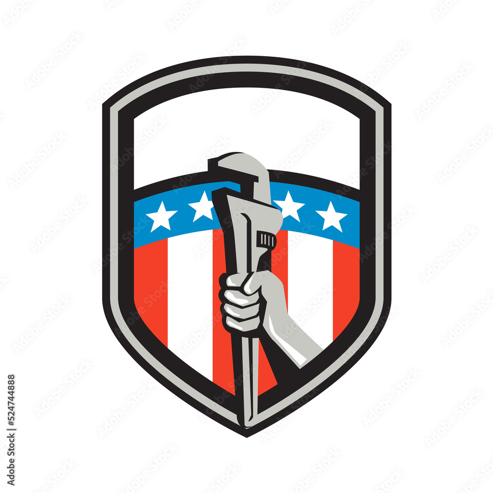 Plumber Hand Pipe Wrench USA Flag Shield Retro Plumber Hand Pipe Wrench USA Flag Shield Retro