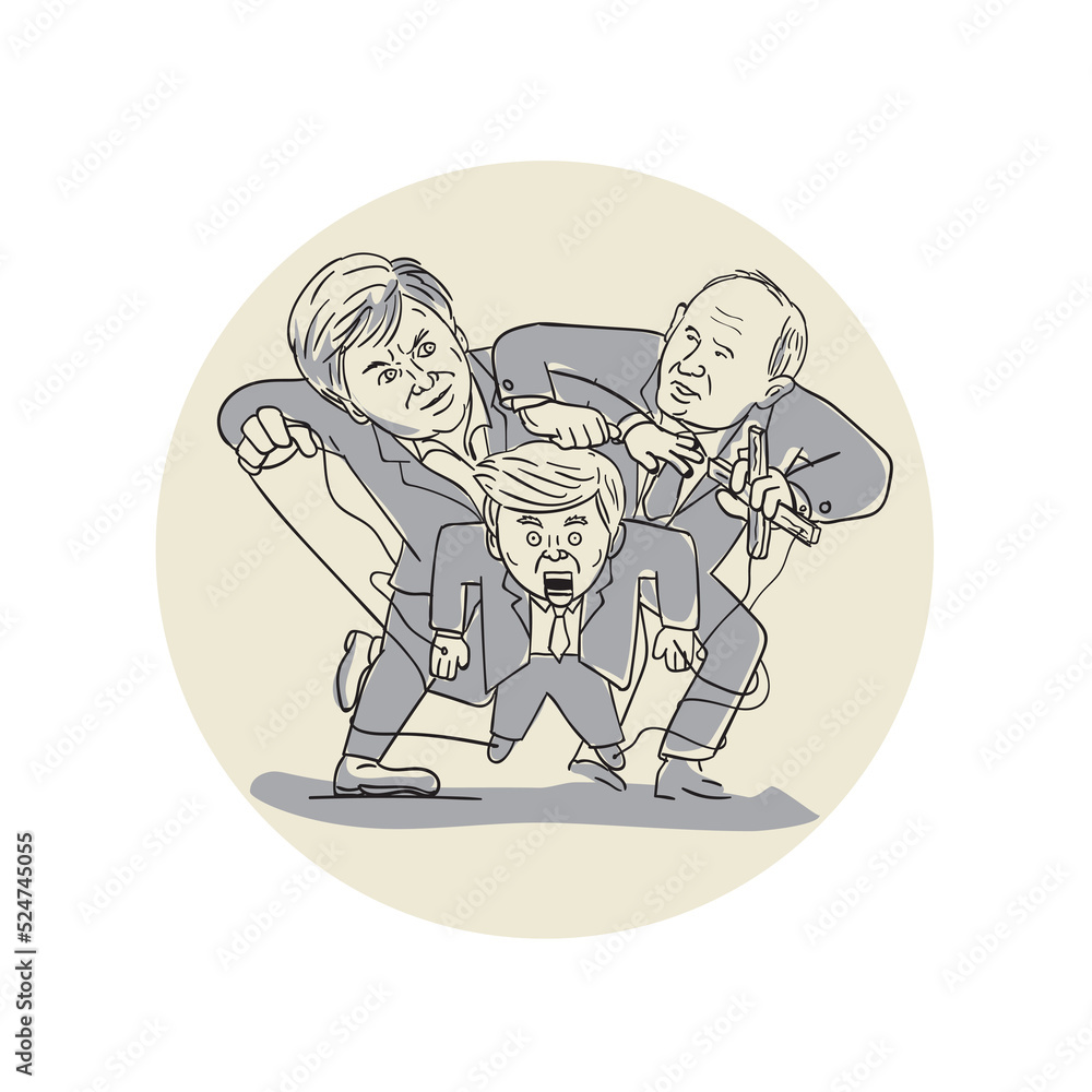 Fototapeta premium Puppeteers Fighting Over Puppet Oval Cartoon