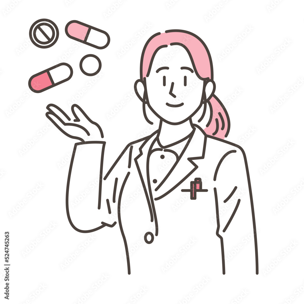 Vector illustration of a female pharmacist in a white coat smiling as she guides a pharmaceutical product onto her palm. Vector illustration of a female pharmacist in a white coat smiling as she guides a pharmaceutical product onto her palm.