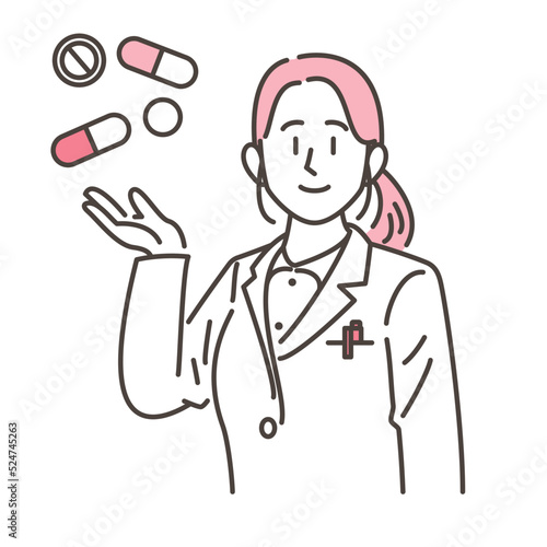 Vector illustration of a female pharmacist in a white coat smiling as she guides a pharmaceutical product onto her palm.
