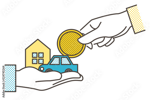 Inheritance concept. Vector illustration of a hand handing over property such as a house, car, money, etc.