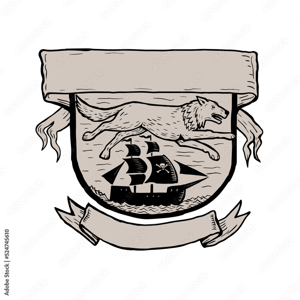 Wolf Running Over Pirate Ship Crest Scratchboard Wolf Running Over Pirate Ship Crest Scratchboard