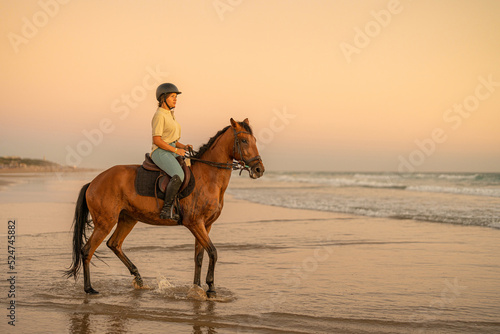 17-year-old rider watches the sea on her brown horse from the shore