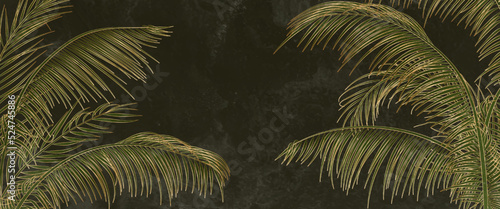 Luxury tropical art background with palm leaves in green and gold colors. Botanical banner with exotic plants for decoration, print, interior design, wallpaper, packaging.