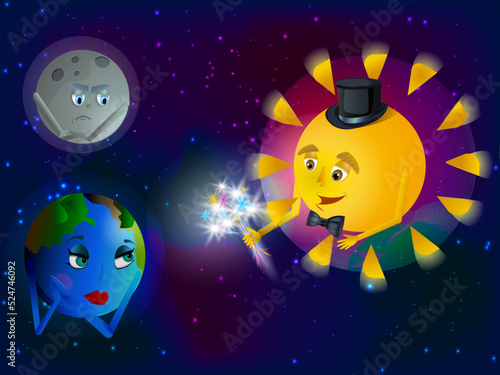Vector illustration. The moon is jealous of the earth to the sun