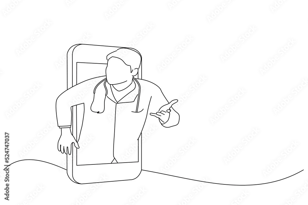 Illustration of telemedicine concept with doctor and smartphone. One line art