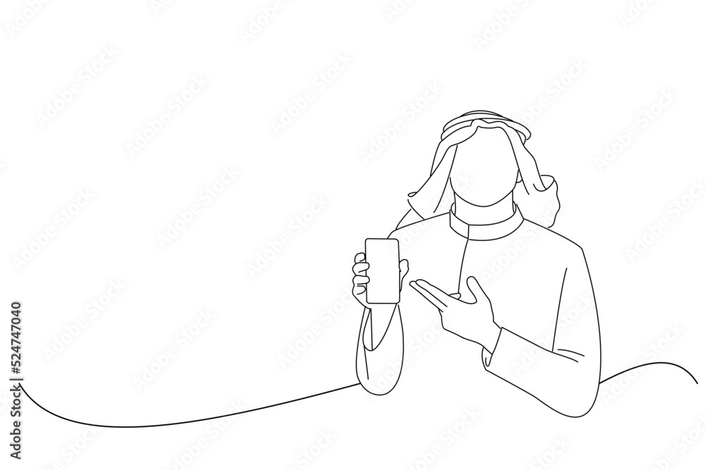 Cartoon of arab business man holding a phone for presentation. Line art style Cartoon of arab business man holding a phone for presentation. Line art style