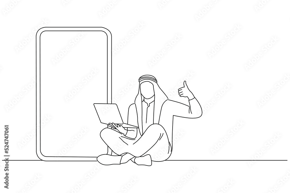 Drawing of cool young arab guy sitting with laptop pc near giant cellphone with blank screen, showing thumb up gesture. Oneline art drawing style Drawing of cool young arab guy sitting with laptop pc near giant cellphone with blank screen, showing thumb up gesture. Oneline art drawing style