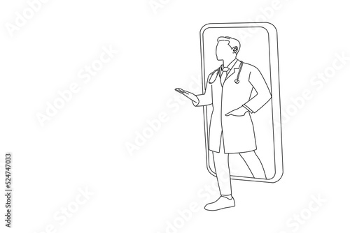 Drawing of Young Happy Male Doctor In White Uniform With Stethoscope Coming Out Big Cell Phone Screen Showing Free Copy Space. Outline drawing style art