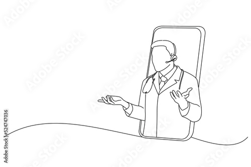Cartoon of Doctor In Headset Peeking Out Of Big Smartphone Screen Consulting Patient Online. Oneline art drawing style