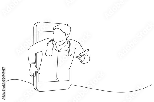 Illustration of telemedicine concept with doctor and smartphone. One line art