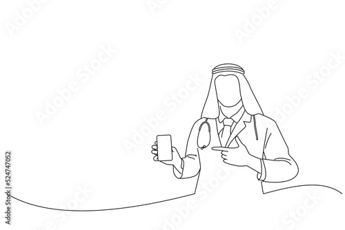 Cartoon of Arabian Doctor Man Showing Cellphone Empty Screen Standing Pointing Finger At Smartphone. Oneline art drawing style