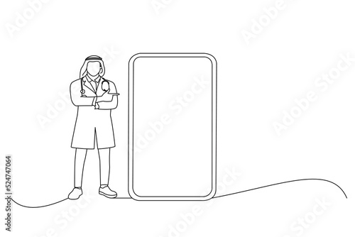 Cartoon of Middle Eastern Male Physician In Glasses And White Uniform Pointing Finger At Big Phone Screen. One line art
