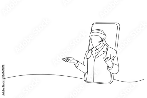 Drawing of Arabian Doctor In Headset Peeking Out Of Big Smartphone Screen. Outline drawing style art