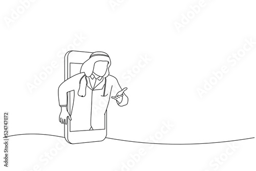 Cartoon of telemedicine concept with arabian doctor and smartphone. Oneline art drawing style