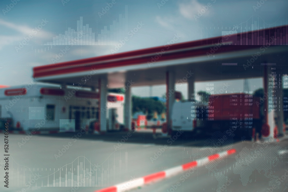 Gas station with fuel dispensers on technological background. Graph of rising prices for gasoline and fuel. Rising fuel prices and the global crisis. Gas station with fuel dispensers on technological background. Graph of rising prices for gasoline and fuel. Rising fuel prices and the global crisis.