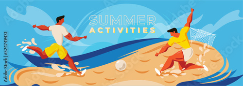 Flat illustration showing summertime activities, games at the beach two players playing football on the sand at the sea coast on a bright day 