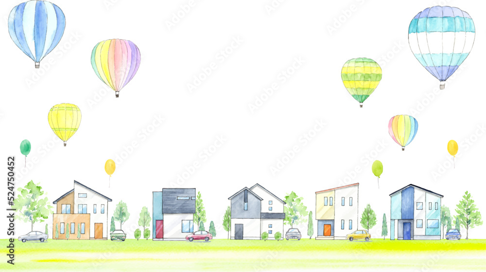 バルーンが飛ぶ住宅街の水彩イラスト 街並み バルーンが飛ぶ住宅街の水彩イラスト 街並み