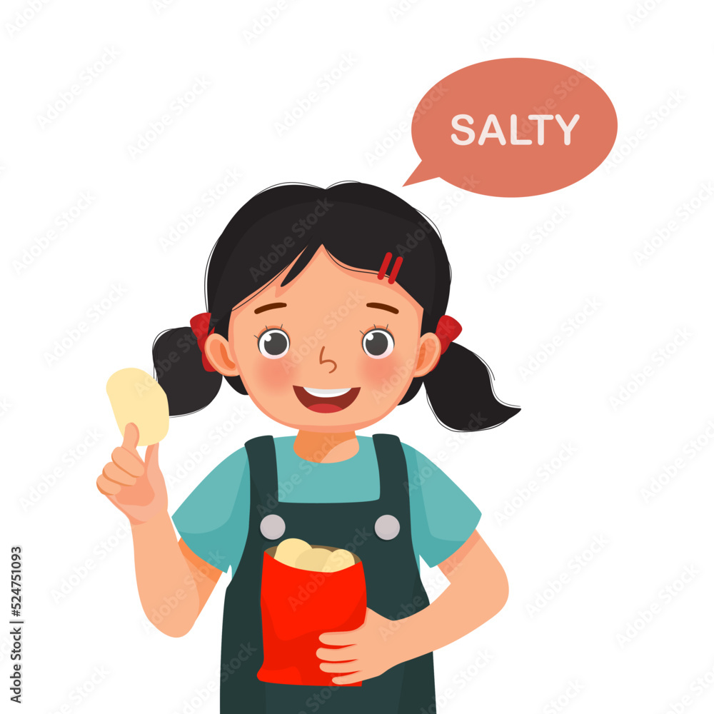 cute little girl holding potato chip showing salty taste of tongue five senses cute little girl holding potato chip showing salty taste of tongue five senses
