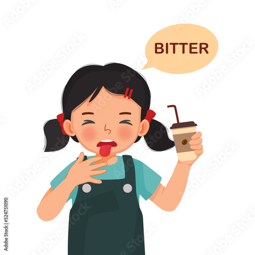 cute little girl holding coffee paper cup showing bitter taste of tongue five senses