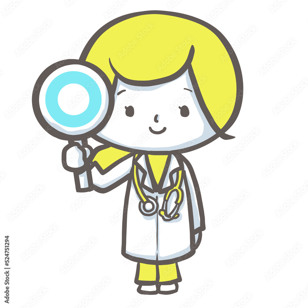 〇マークのプレートをもって解説する女性医師　黄色バージョン