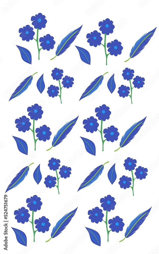 Hand drawn cartoon style pattern. Illustration Pattern of flowers, leaves with line art, and feathers in blue. Isolated white background. Abstract art for wall decoration, wallpaper and other prints