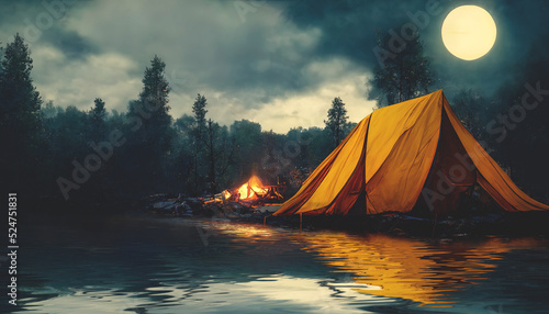Fotografia Camping in nature in the forest on the banks of the river, yellow tent, bonfire, moon