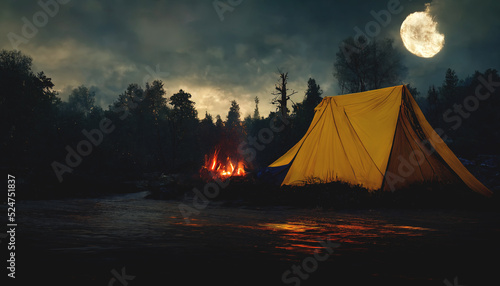 Camping in nature in the forest on the banks of the river, yellow tent, bonfire, moon. Camping, hiking, weekend, tourism. 3D illustration.