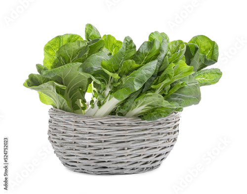 Fresh green pak choy cabbages in wicker basket on white background