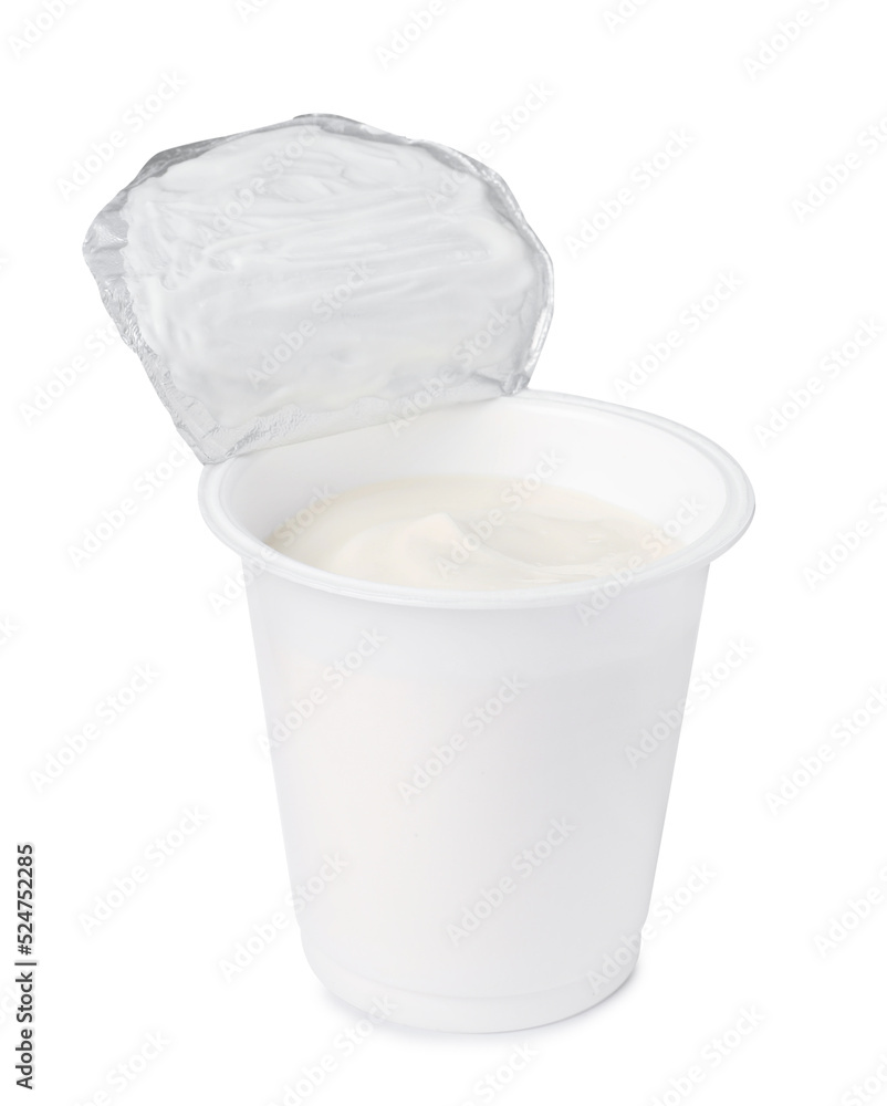 Plastic cup with delicious organic yogurt isolated on white Plastic cup with delicious organic yogurt isolated on white